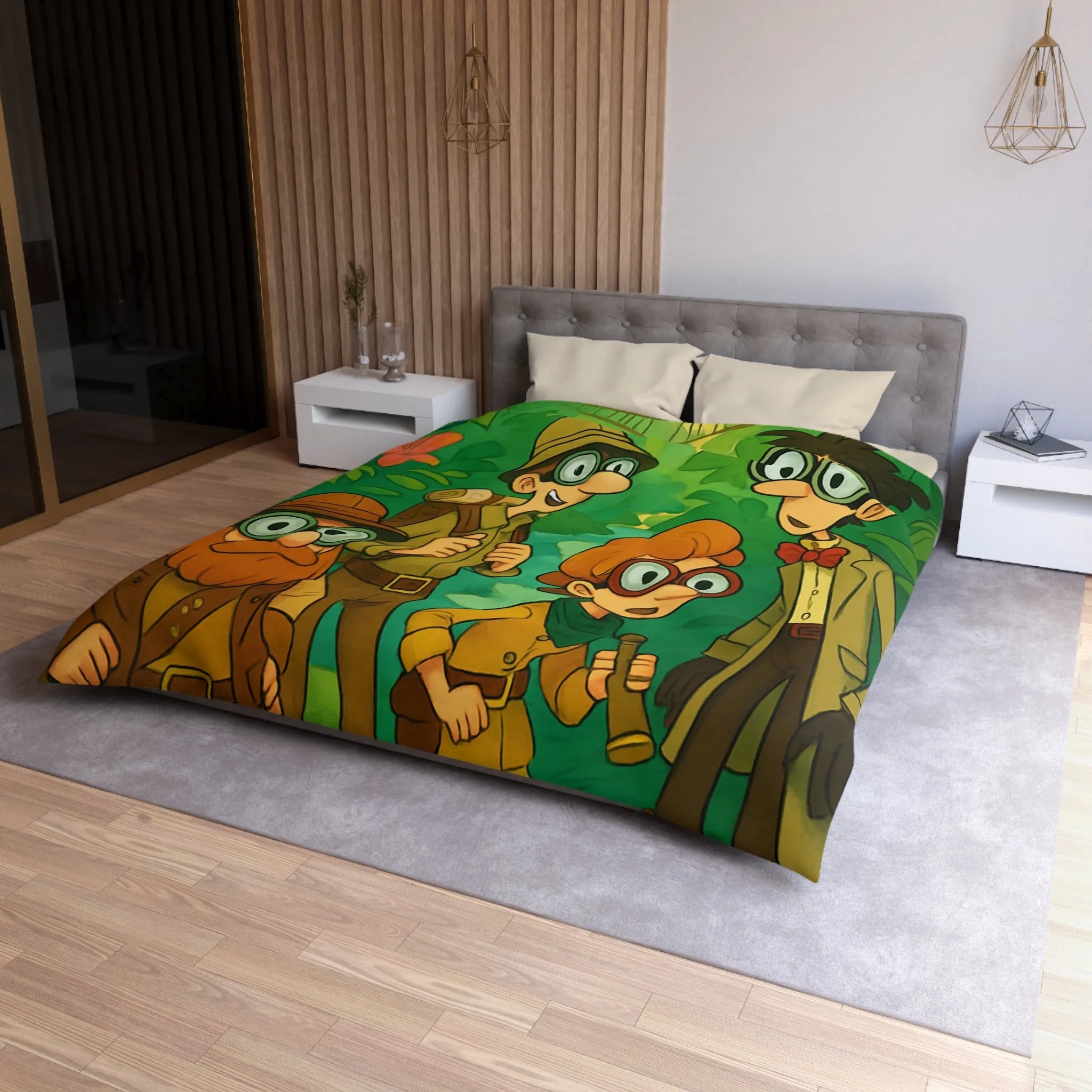 Housse de couette jungle colorée avec explorateurs, perroquet et singe aventureux