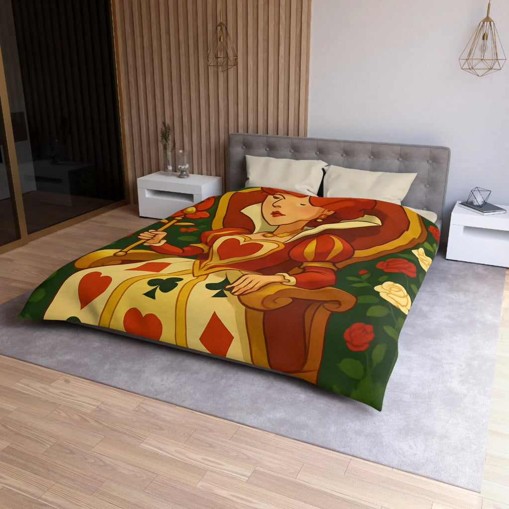 Élégante et royale housse de couette reine avec motifs coeurs détails rouge vibrant