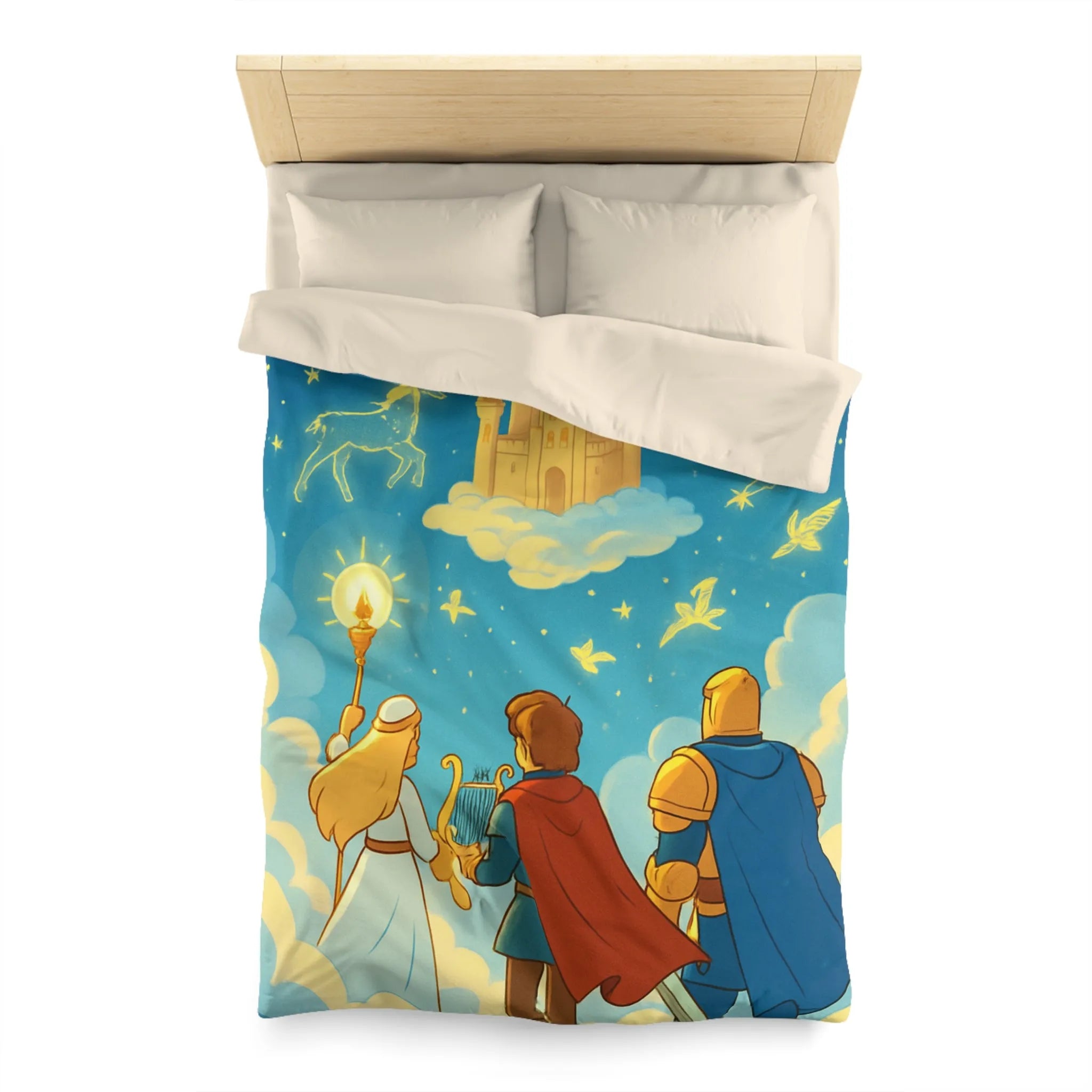 Housse de couette illustrée avec château magique et constellation céleste féerique pour enfants