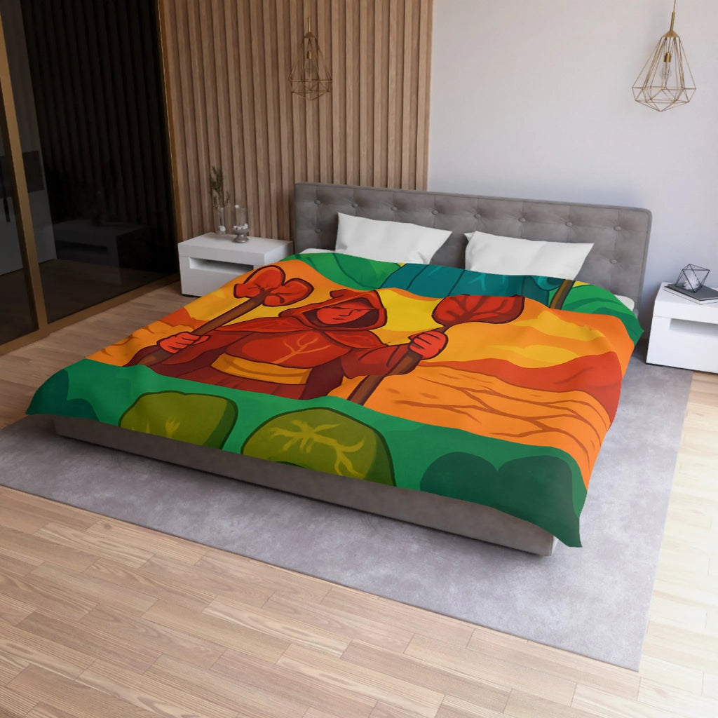 Housse de couette colorée avec trois mages, nature et paysages stylisés, ambiance apaisante