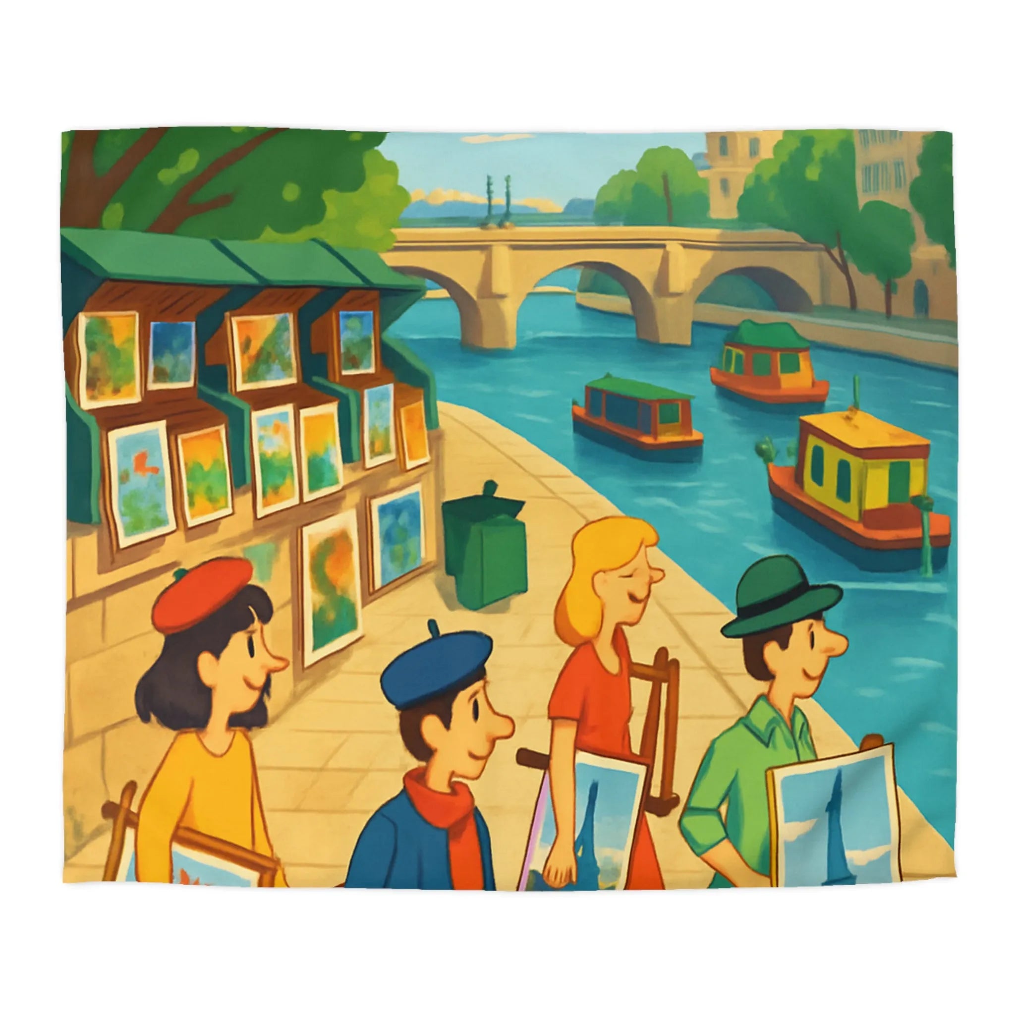 Housse de couette artistique thème parisien avec scènes de quai colorées et peintres joyeux