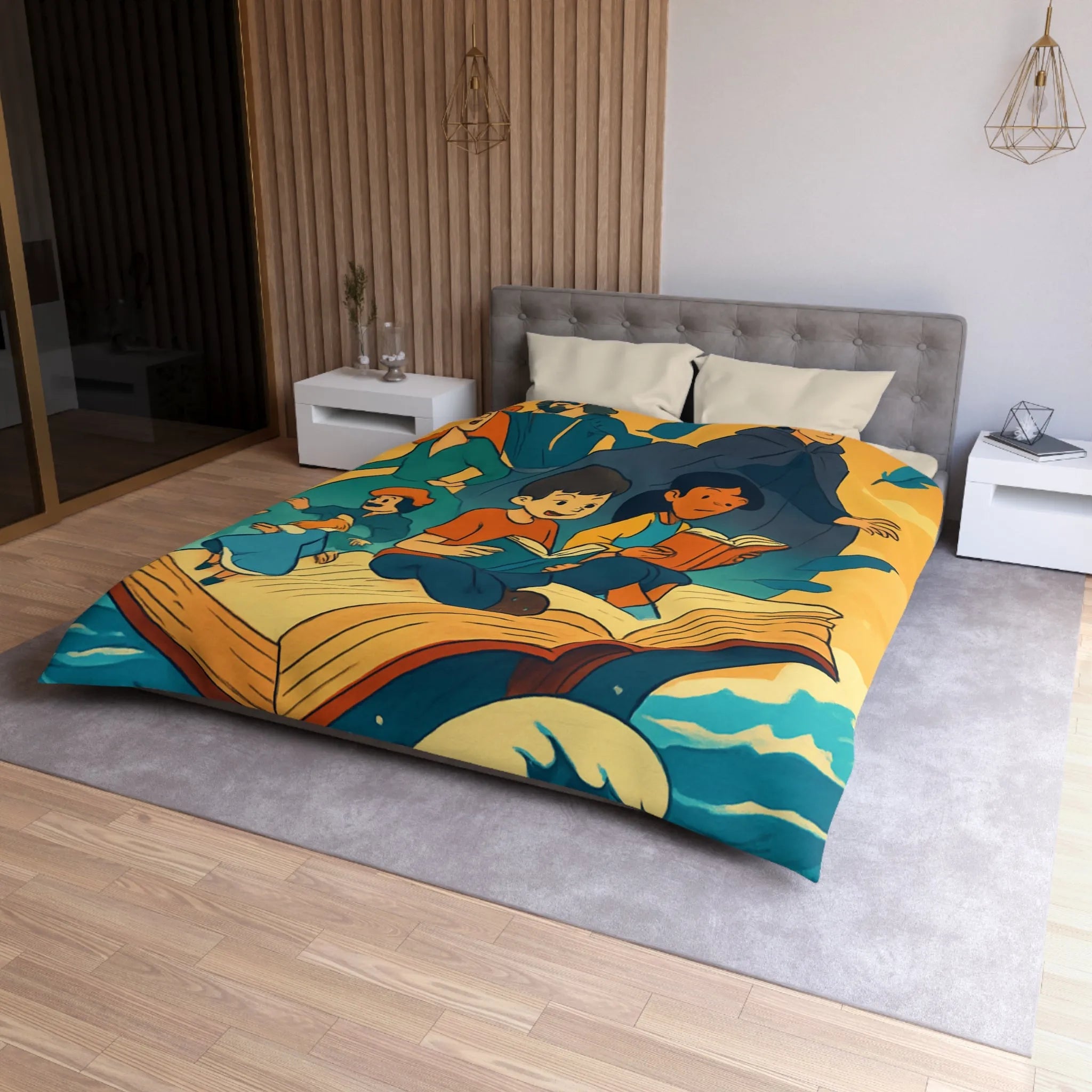 Housse de couette enfant rêve fantastique avec livre, vagues et personnages imaginaires