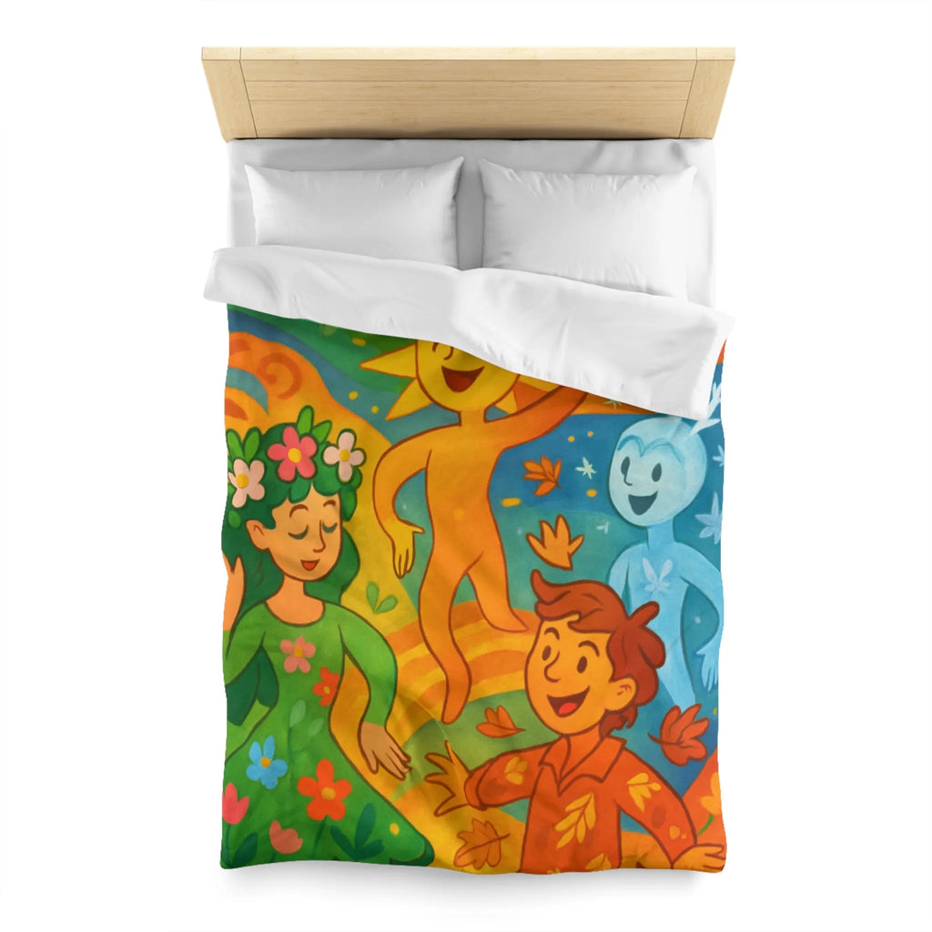 Housse de couette éclatante illustrant les quatre saisons dans un design ludique et coloré