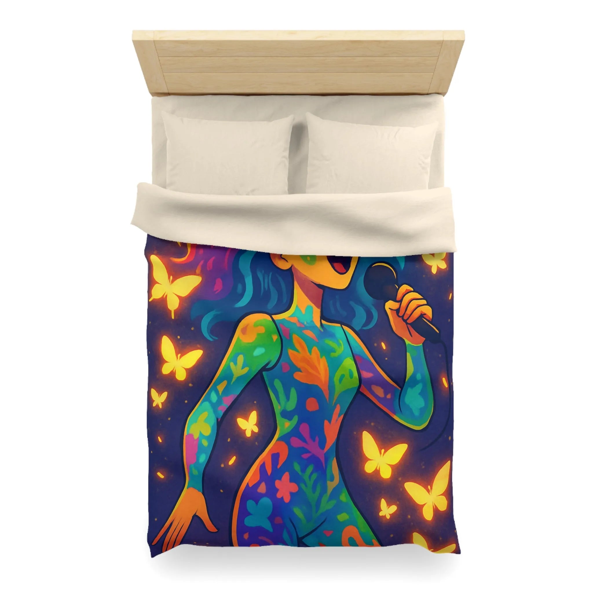 Housse de Couette Colorée : Artiste Chantant Entourée de Papillons Lumineux et Vibrants