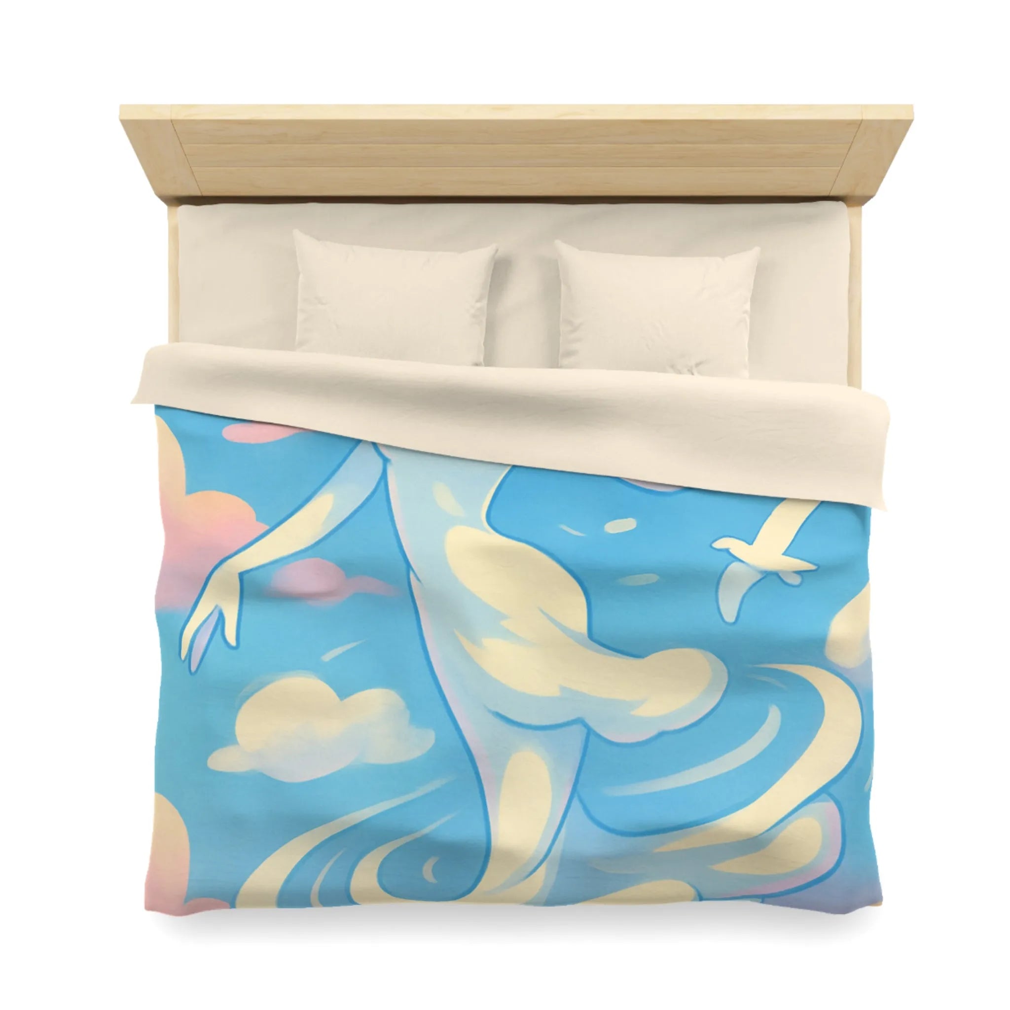 Ciel Enchanté: Housse de Couette Artistique avec Nuages et Oiseaux en Harmonie Paisible