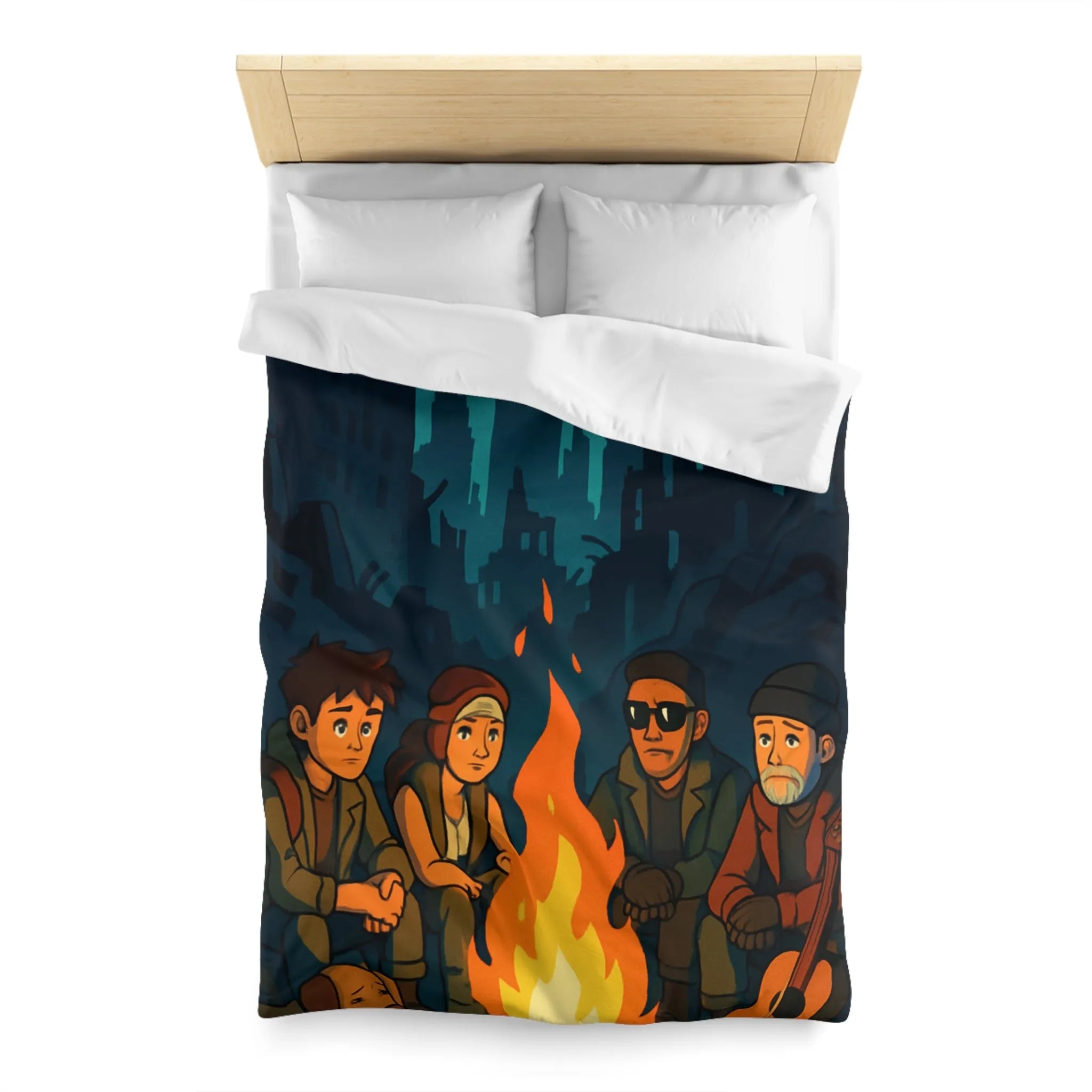 Housse de couette : scène nocturne apocalyptique avec personnages autour d'un feu de camp