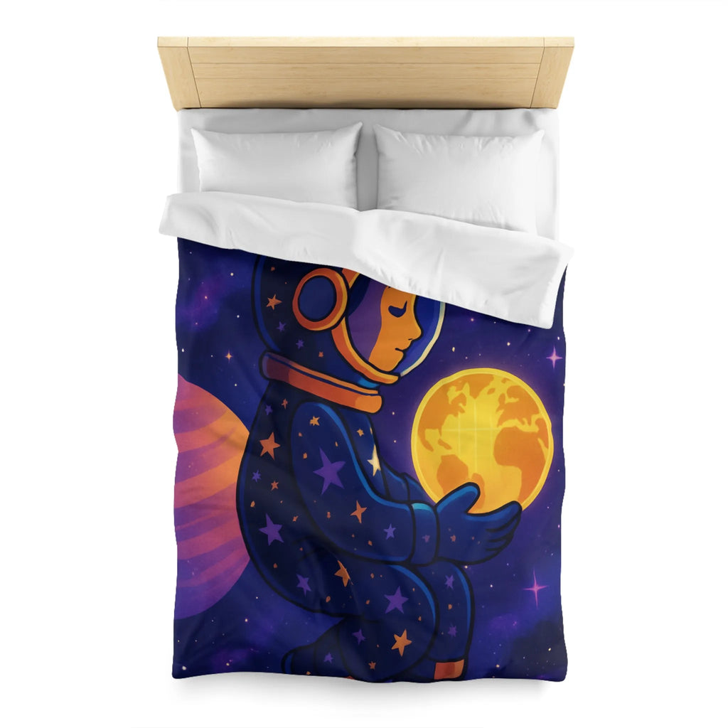 Housse de couette cosmos enfantine avec astronaute rêveur tenant une planète lumineuse
