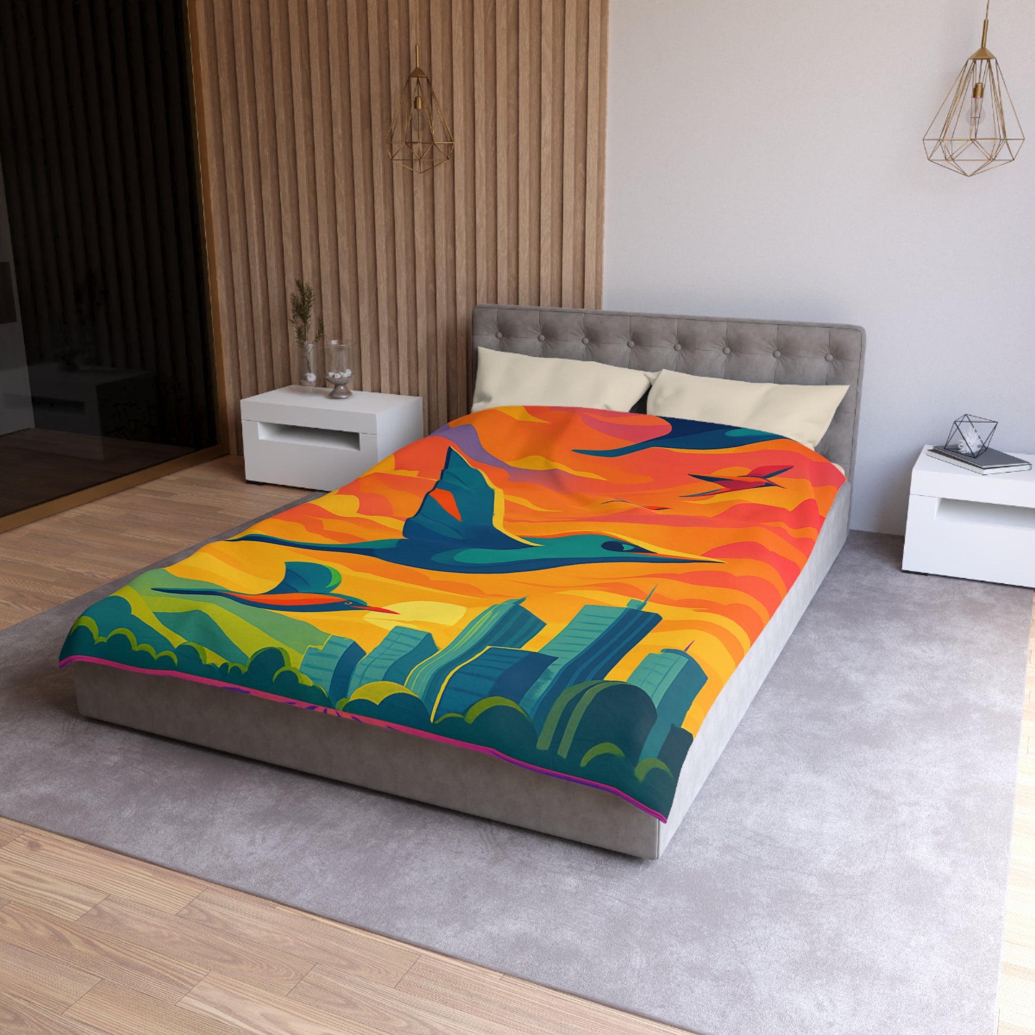 Housse de Couette Vibrante avec Oiseaux Volant au-dessus Champs et Ville au Crépuscule