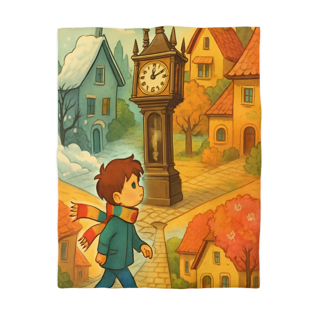 Housse de Couette Enfant Colorée avec Scène Enchanteresse de Village et Horloge Fantaisiste