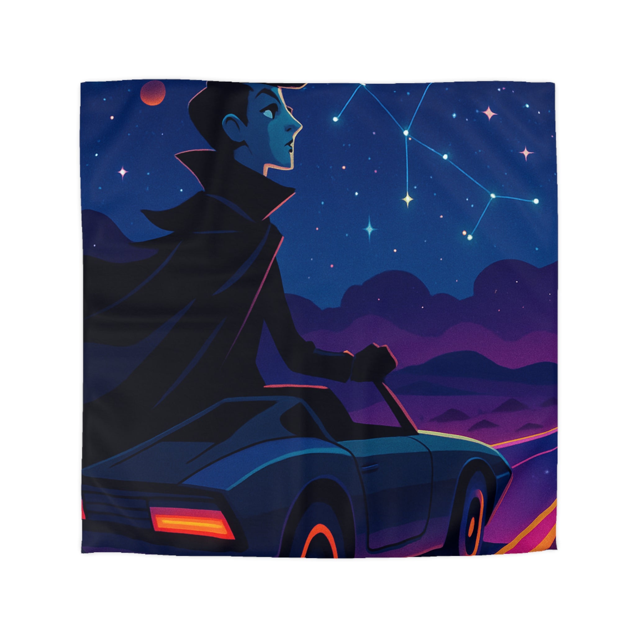 Housse de couette rétro avec constellations et voiture sous ciel étoilé et planète