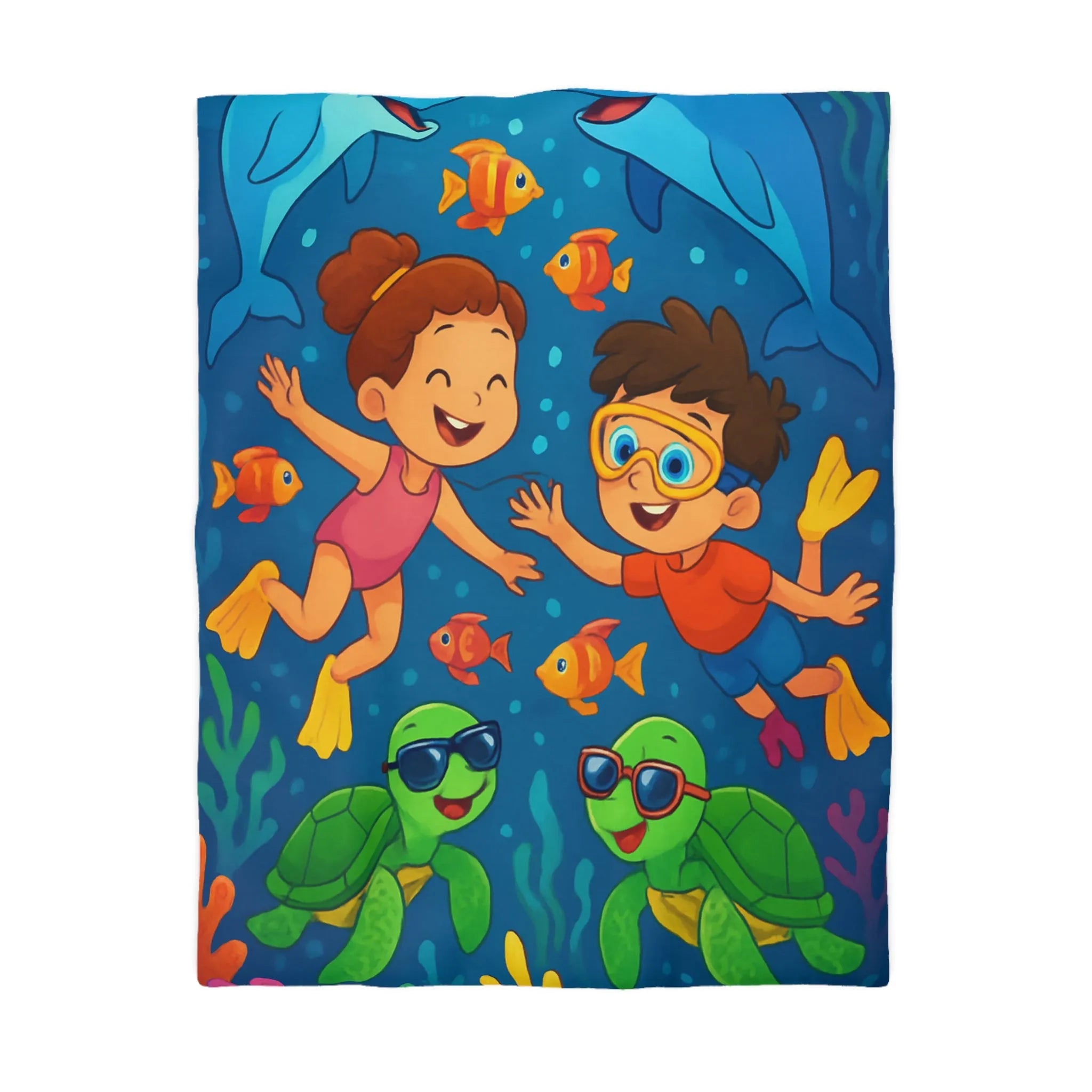 Housse de couette avec enfants nageant joyeusement dans océan vibrant avec animaux marins
