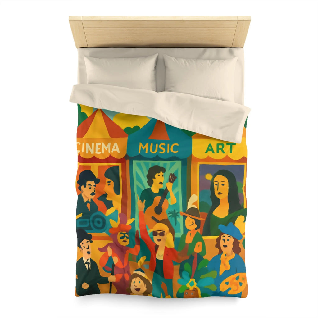 Housse de couette colorée avec motifs cinéma, musique et art, ambiance festive bohème