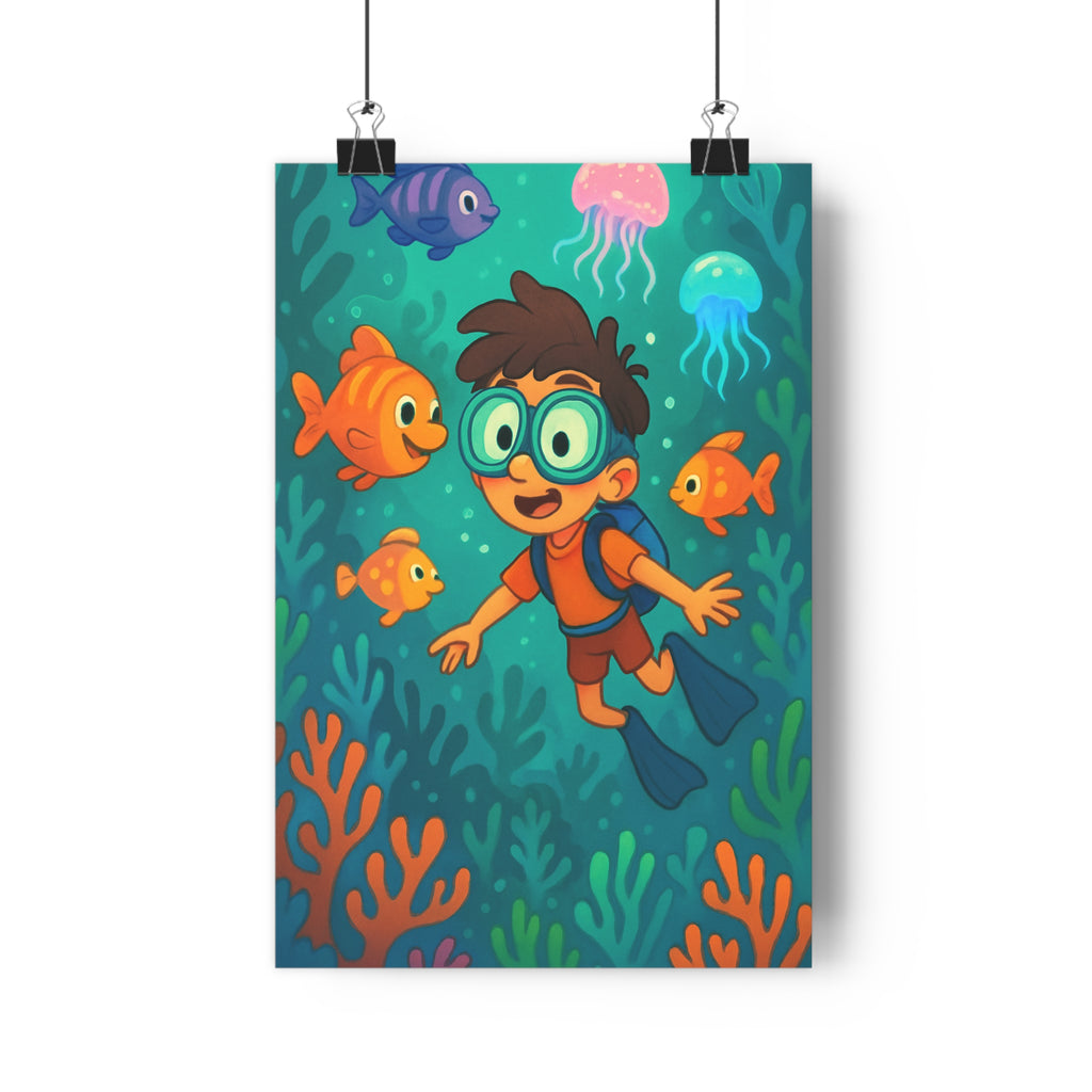 Poster décoratif enfant coloré lumineux dessin animé joyeux chambre poissons méduses coraux sousmarin qualité