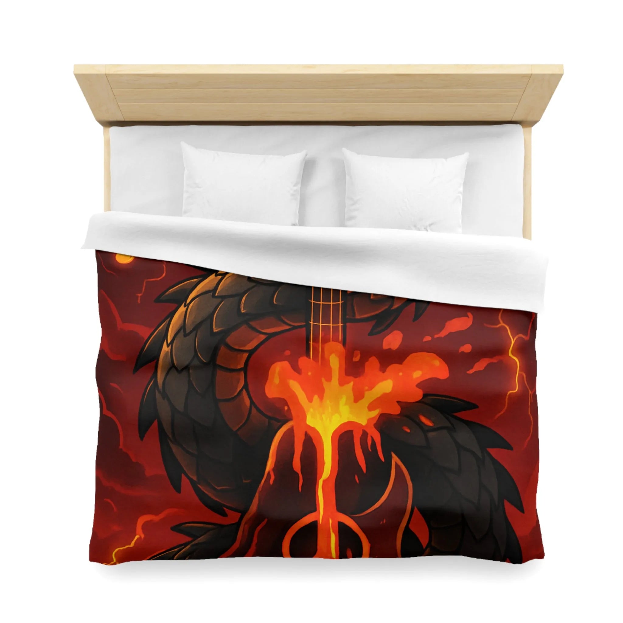 Housse de couette avec dragon noir majestueux et flammes incandescentes, ambiance épique