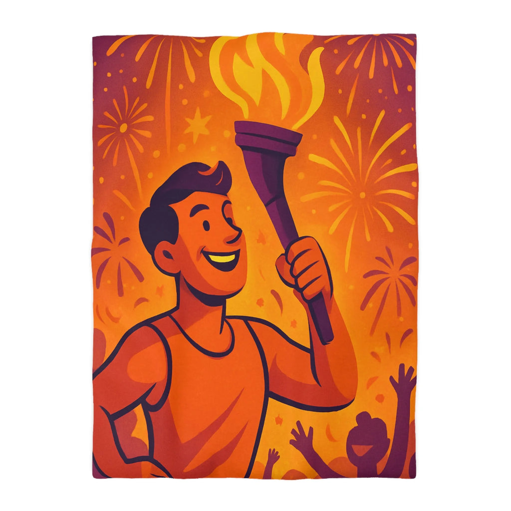 Housse de couette : Athlète olympique portant flambeau avec feux d'artifice lumineux