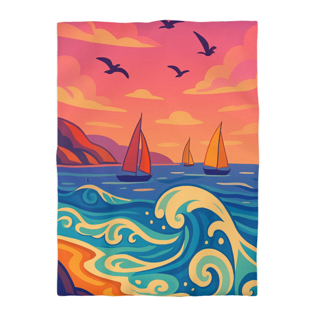 Housse de couette colorée avec paysage marin, voiliers et coucher de soleil vibrant