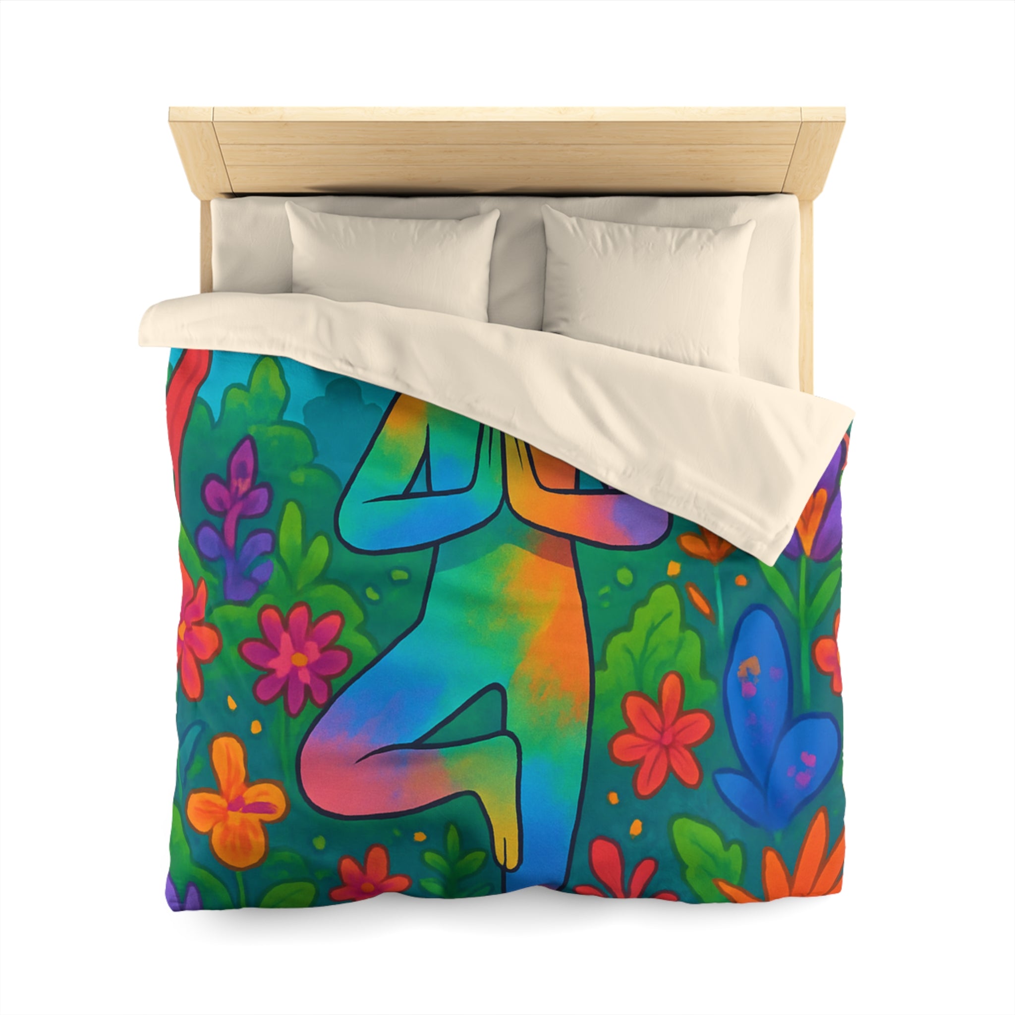 Housse de Couette avec Illustration Arc-en-Ciel d’une Personne Pratiquant le Yoga en Nature
