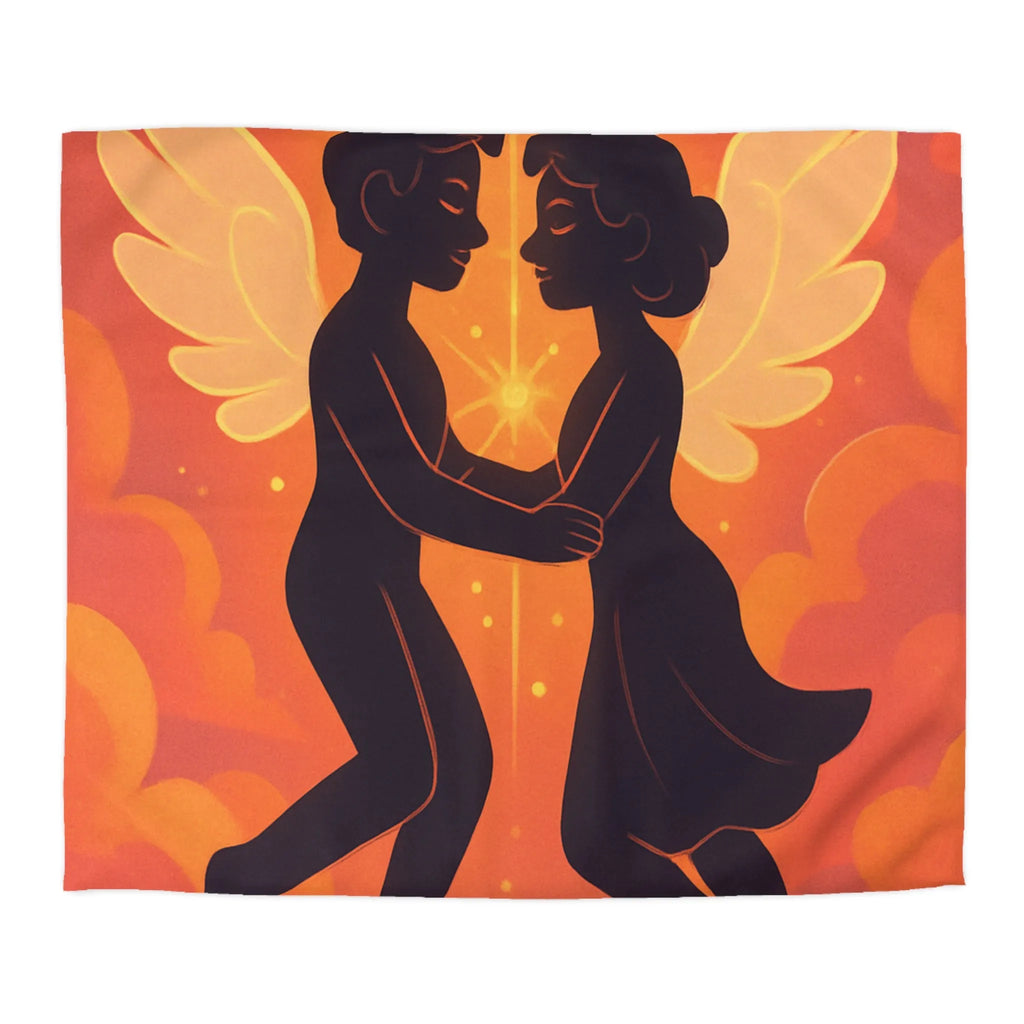 Housse de couette avec anges amoureux flottant dans nuages orangés dorés au crépuscule