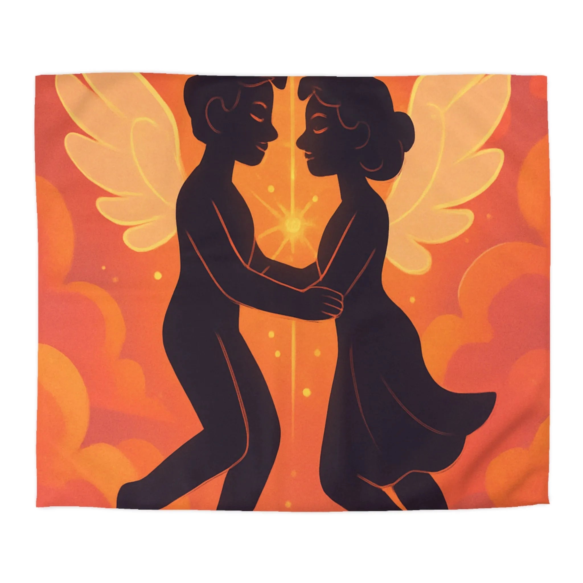 Housse de couette avec anges amoureux flottant dans nuages orangés dorés au crépuscule