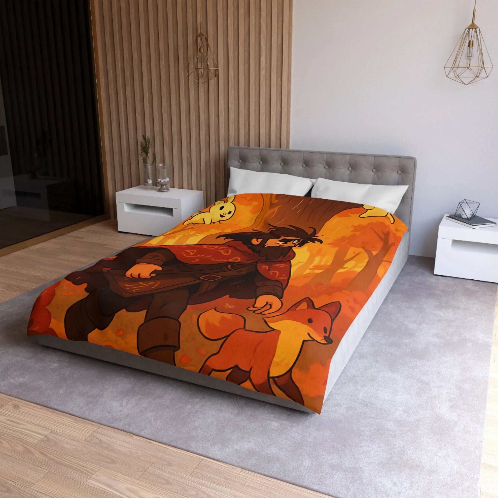 Housse de Couette Artistique avec Forêt Mystique d'Automne, Homme Barbu et Animaux Joyeux