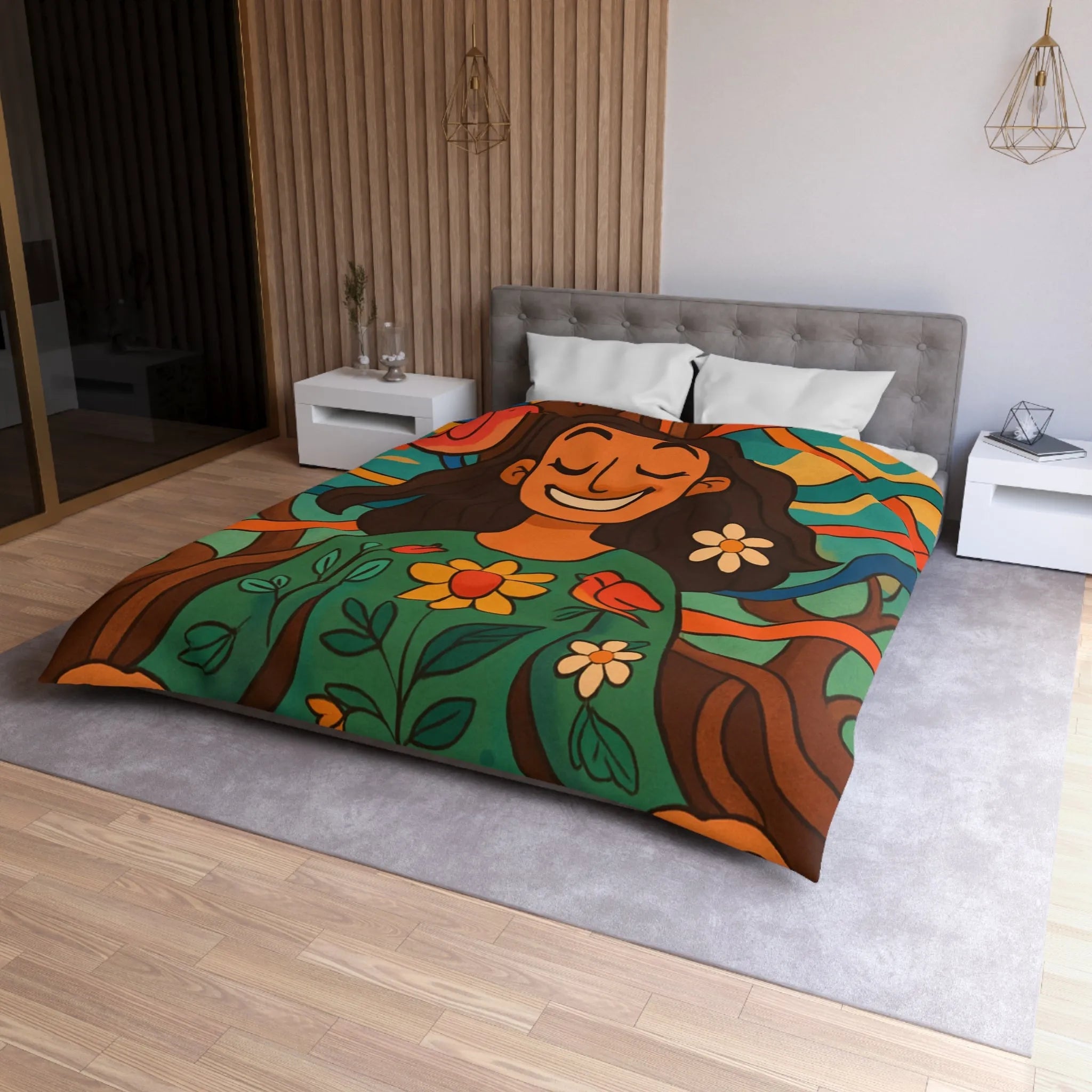 Housse de couette art paisible : femme méditant sous arbre aux couleurs vives