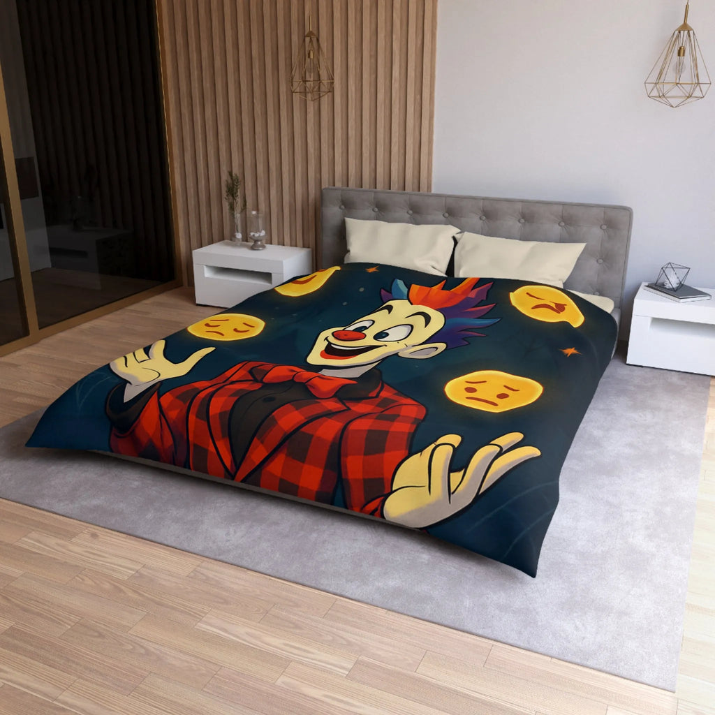 Housse de couette clown coloré dans un cirque avec émojis expression faciale variée