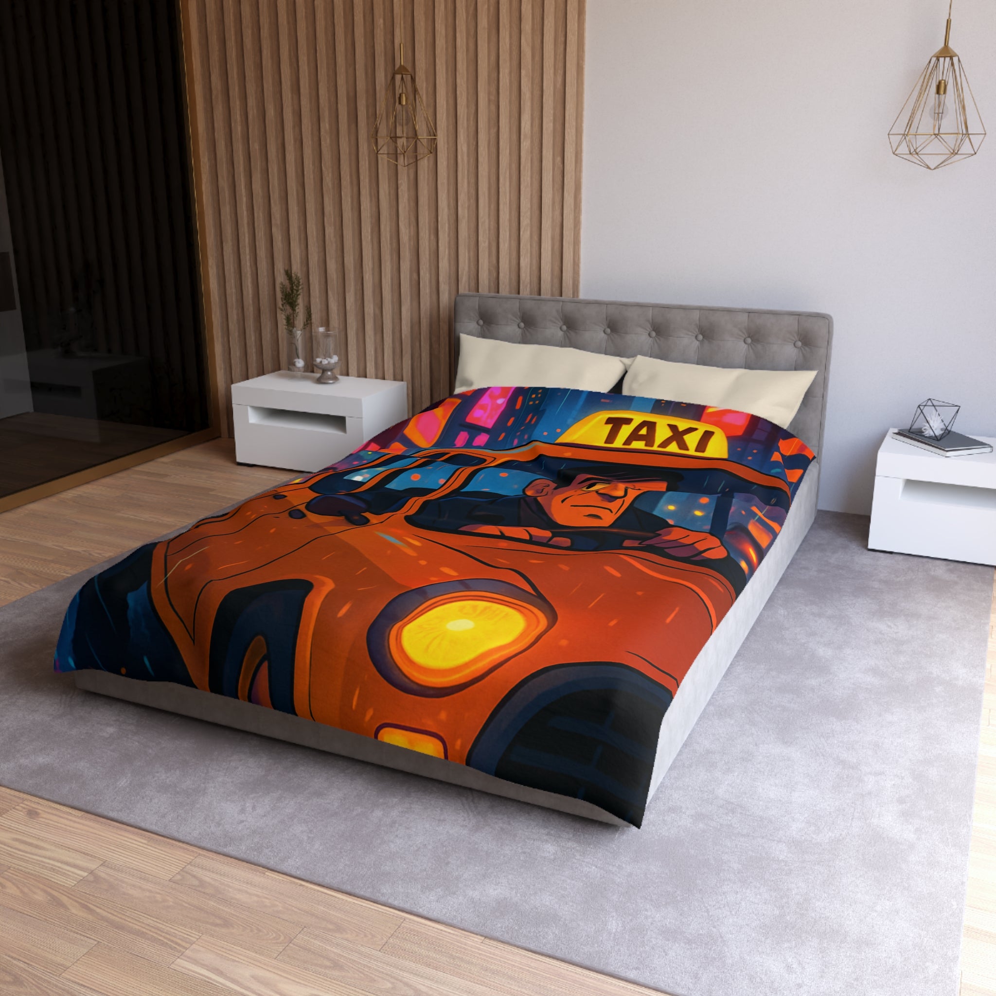 Illustration Nocturne Métropole avec Chauffeur de Taxi sous Pluie pour Housse de Couette