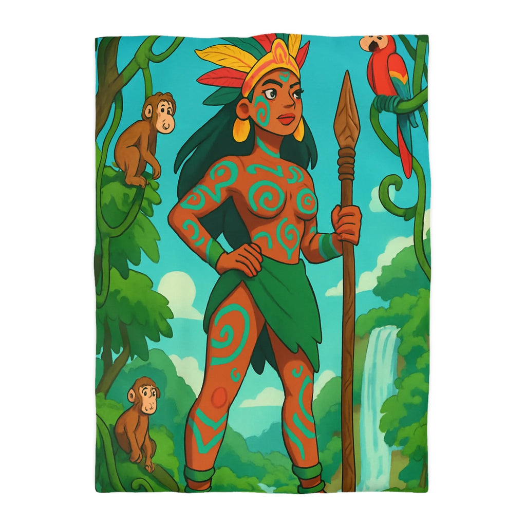 Housse de couette jungle exotique avec guerrière, perroquet et singes colorés vibrants