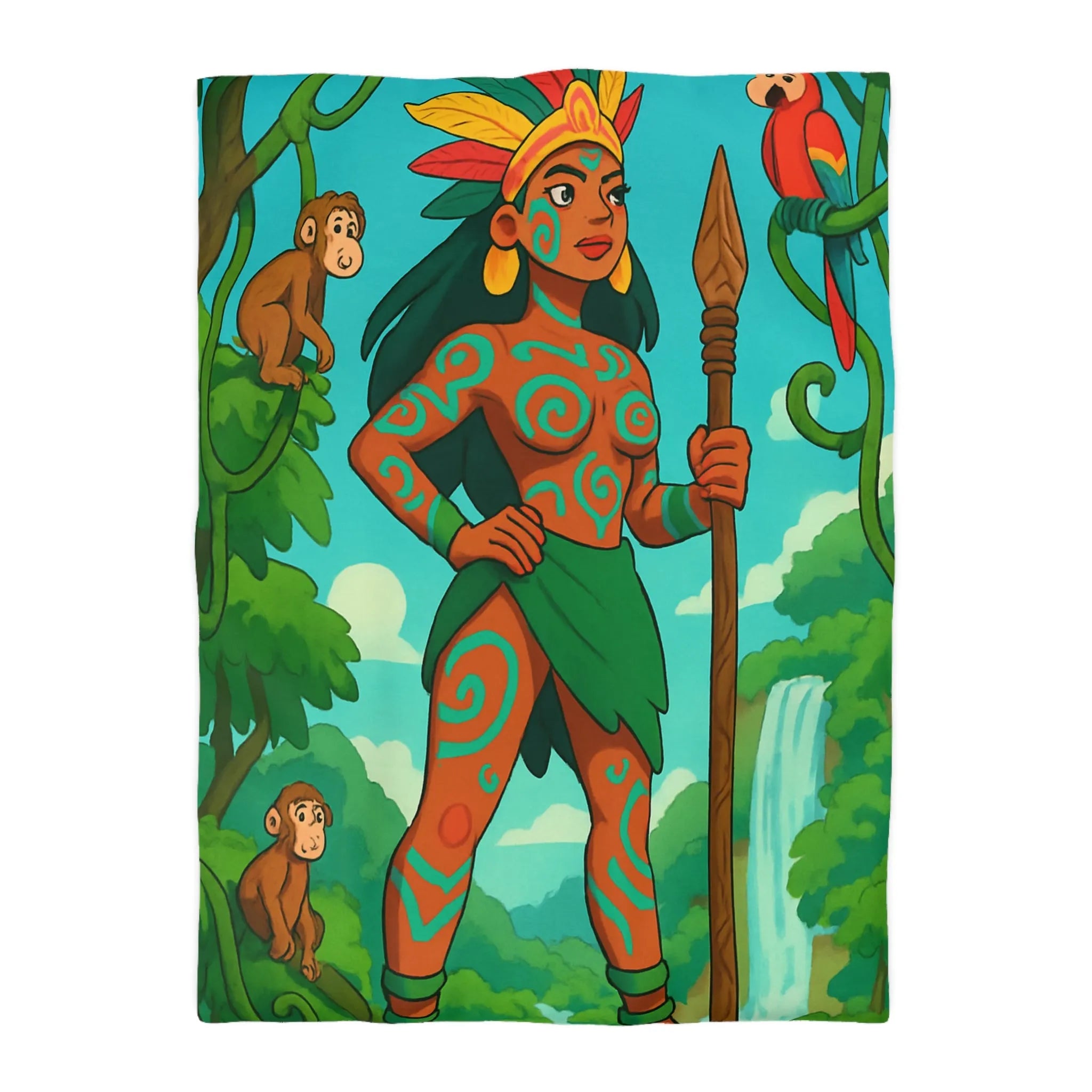 Housse de couette jungle exotique avec guerrière, perroquet et singes colorés vibrants