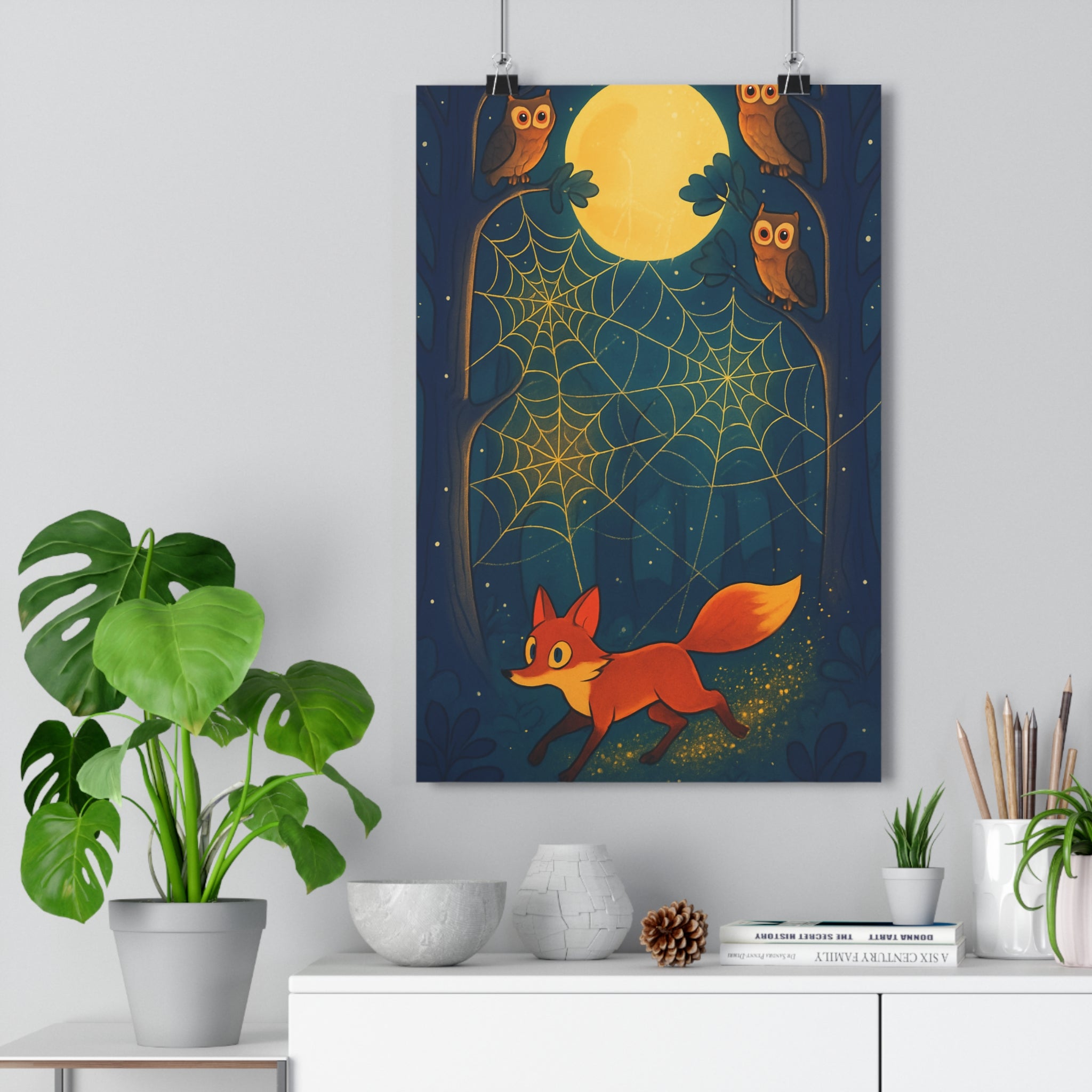 Poster décoratif mystique renard orange hiboux forêt nocturne cartoon chambre salon nature éclairage lumineux