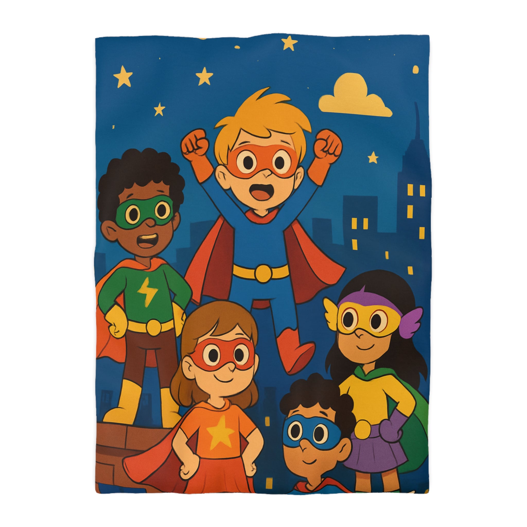 Super-héros Enfants Volant Nuit Ciel Étoilé Ville Amis Confiants Housse de Couette Colorée