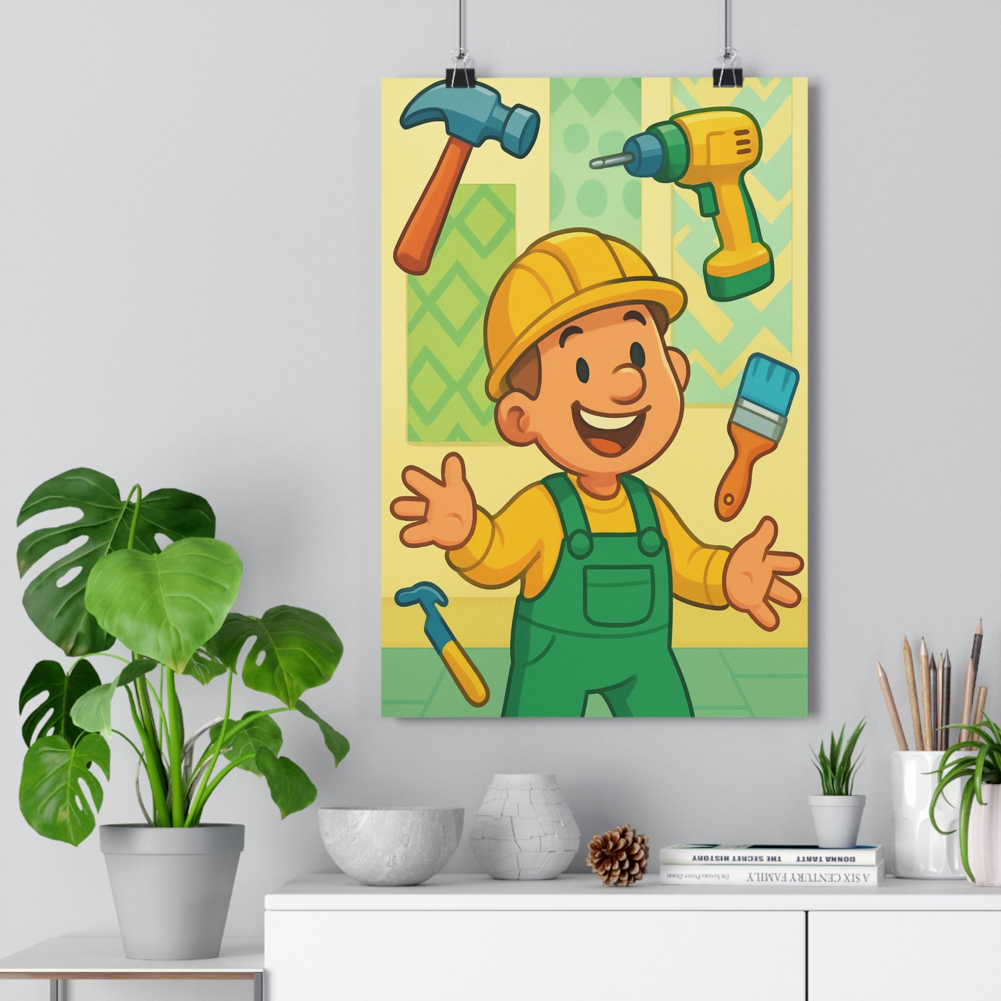 Poster décoratif bricolage jaune vert bleu ludique joyeux atelier enfant salle jeux 30x46 cm