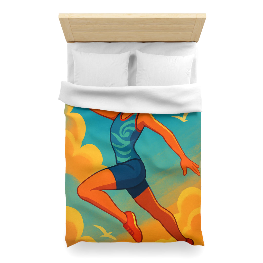 Housse de couette sportive colorée, femme jouant freesbee sous ciel bleu dynamique ultime