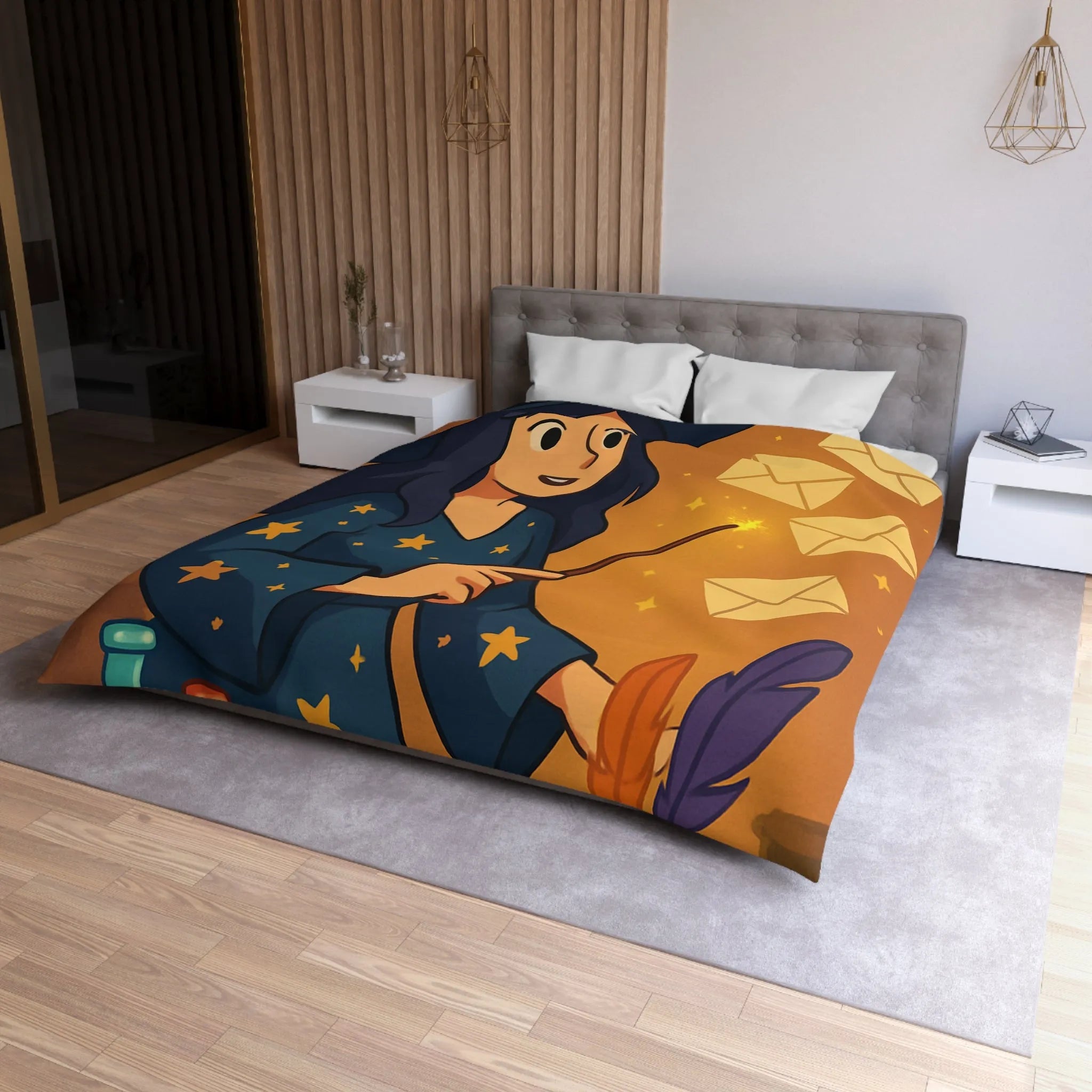 Housse de couette magique avec apprentie sorcière, quill et enveloppes flottantes animées