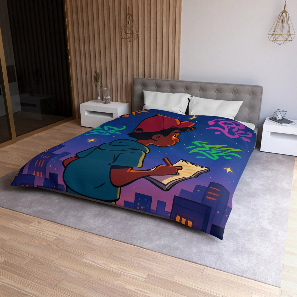 Housse de couette avec jeune artiste dessinant sous un ciel étoilé urbain coloré