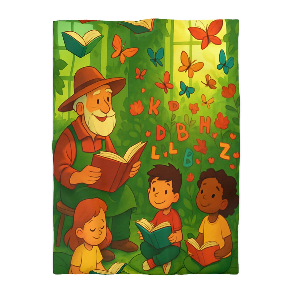 Housse de couette éducative avec scène de lecture, papillons et nature verdoyante