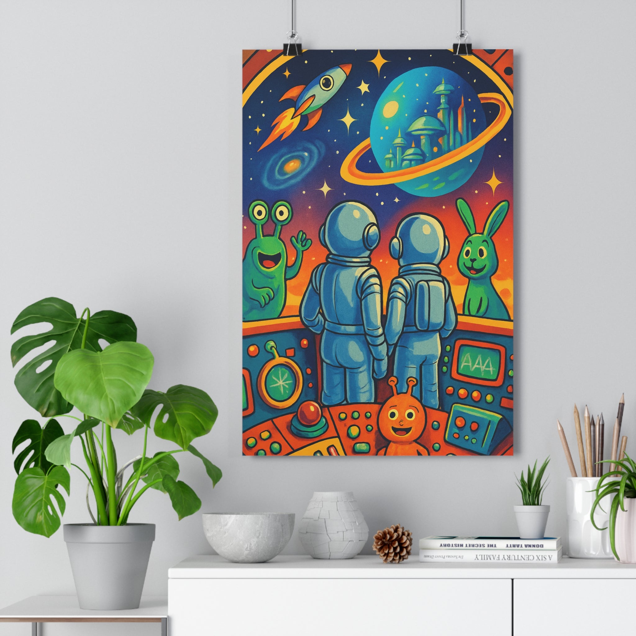 Poster décoratif rétro sciencefiction bleu orange vert fantaisie joyeux salon bureau enfant amusant vintage
