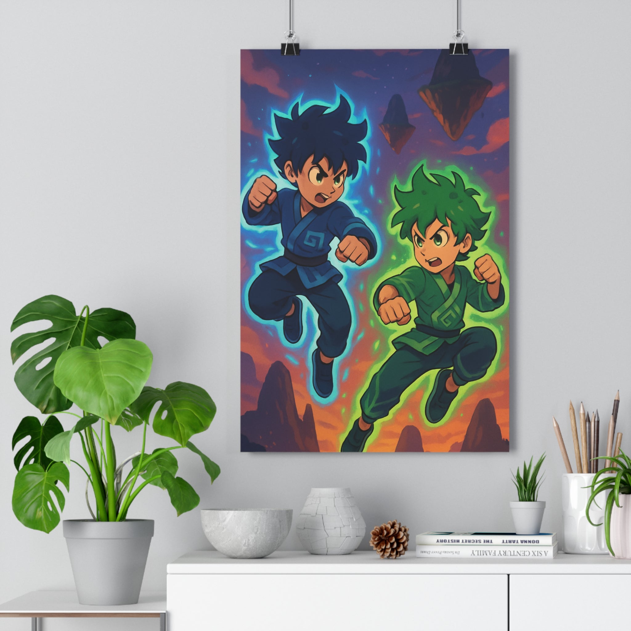 Poster décoratif anime bleu vert combat dynamique crépusculaire chambre salon énergique captivant moderne qualité