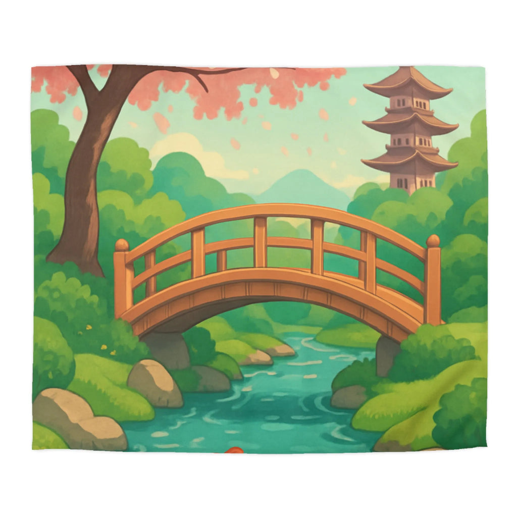 Housse de couette japonaise avec arbre en fleurs, pont en bois et carpes koi