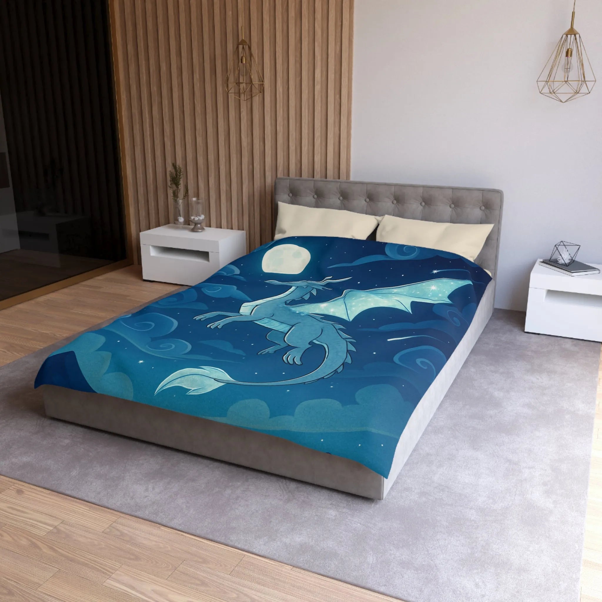 Housse de couette avec dragon bleu étincelant volant sous lune et étoiles scintillantes
