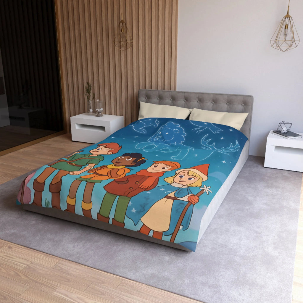 Housse de couette colorée avec enfants aventuriers et constellations nuit étoilée