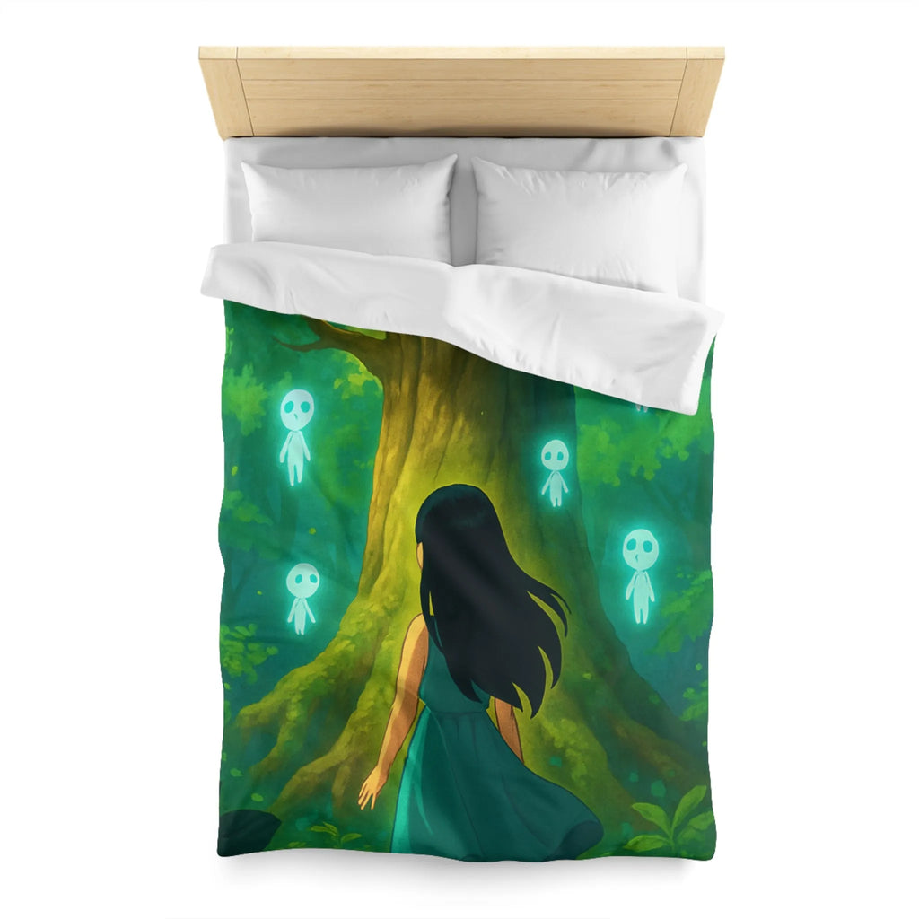 Housse de couette forêt mystique avec fille et esprits lumineux style onirique enchanteur