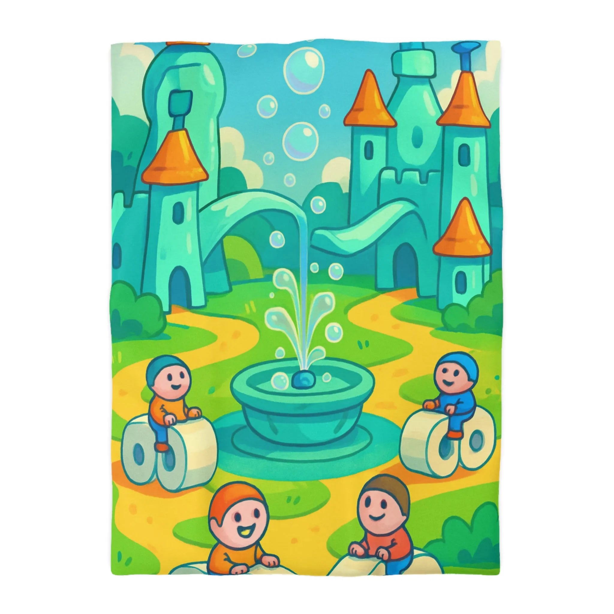 Housse de couette joyeuse avec château et enfants sur routes animées et colorées