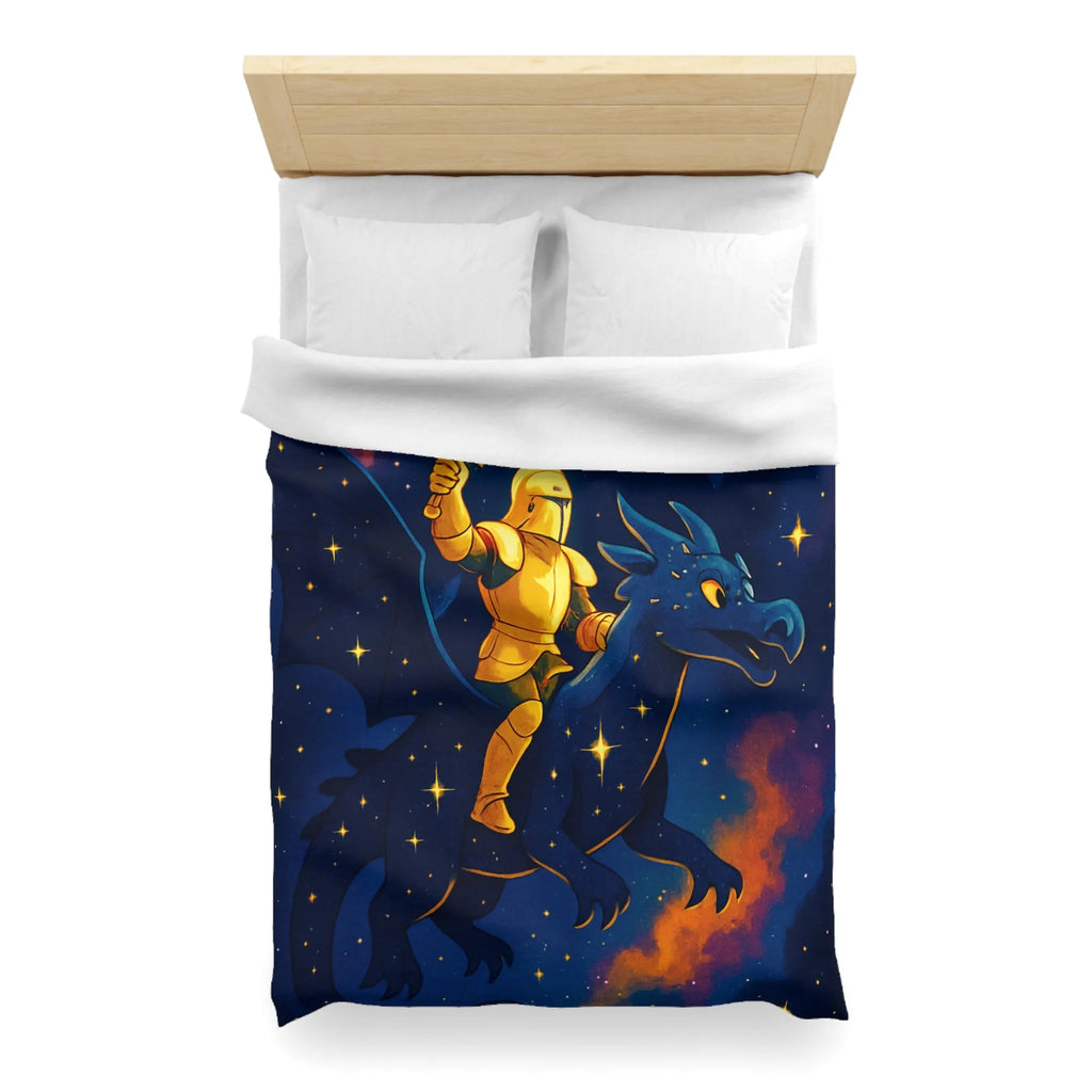 Housse de couette avec chevalier et dragon volant sous étoiles et château magique
