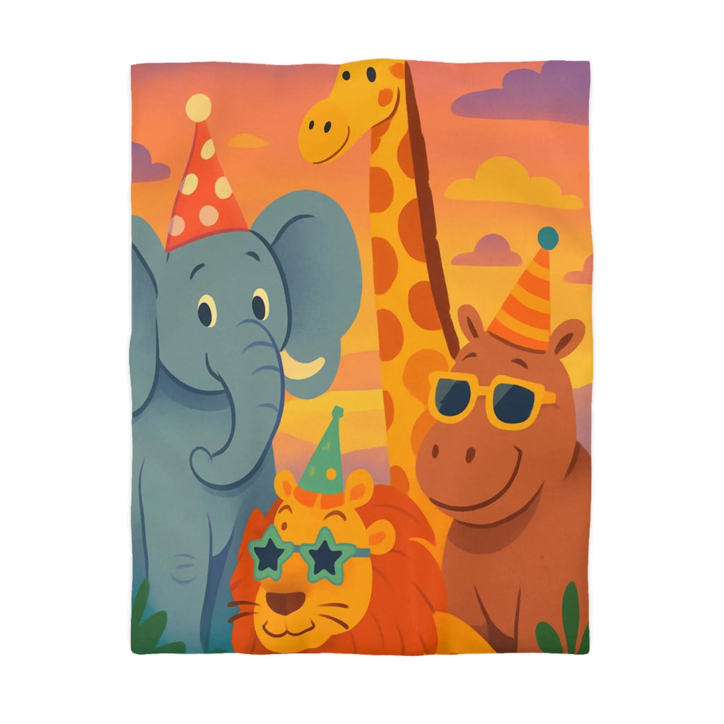 Housse de couette enfantine avec animaux de safari festifs et chapeaux colorés en fête