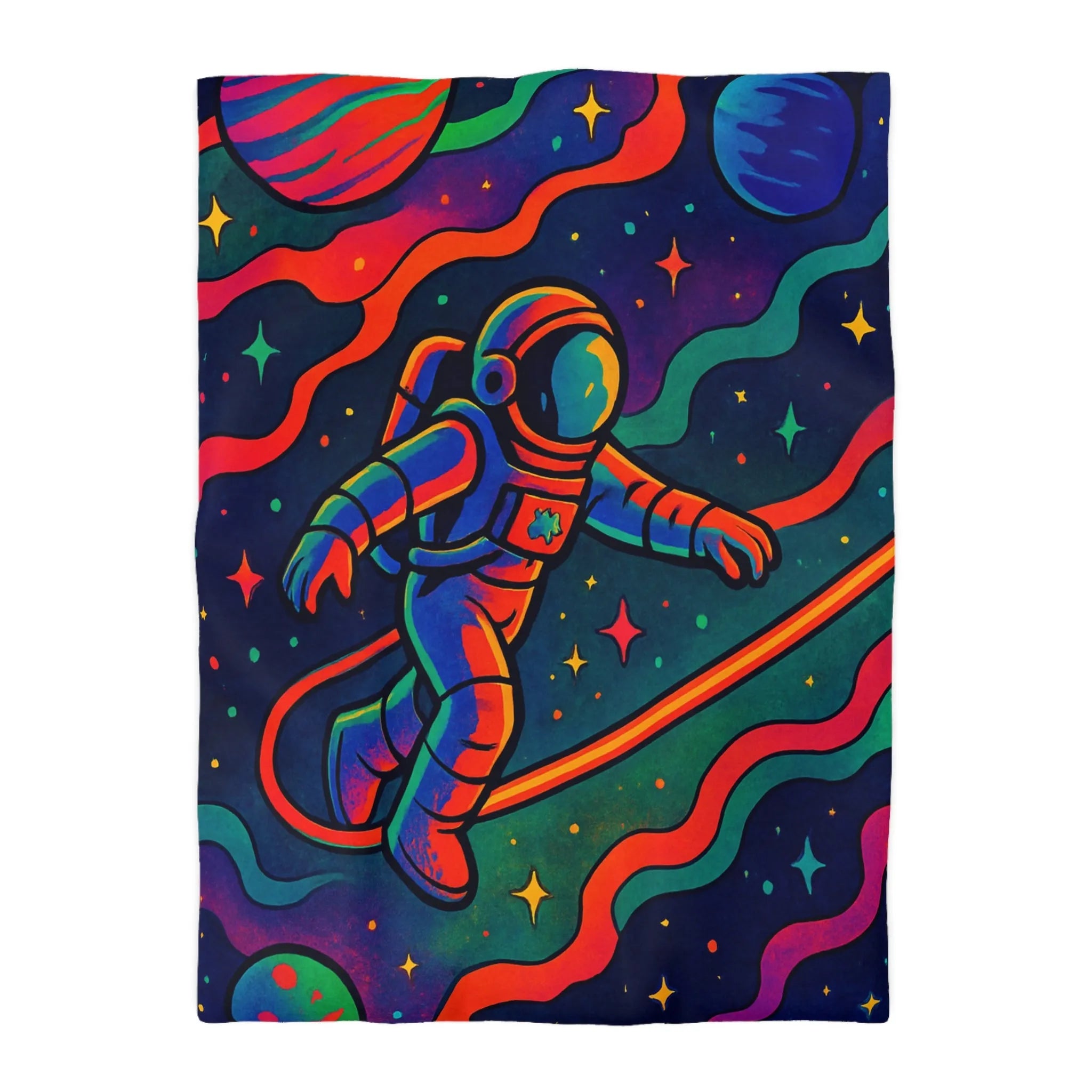 Housse de couette astronaute flottant dans un cosmos aux couleurs psychédéliques vibrantes