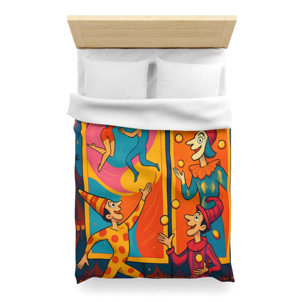 Housse de couette colorée avec jongleurs et acrobates, ambiance festive et joyeuse