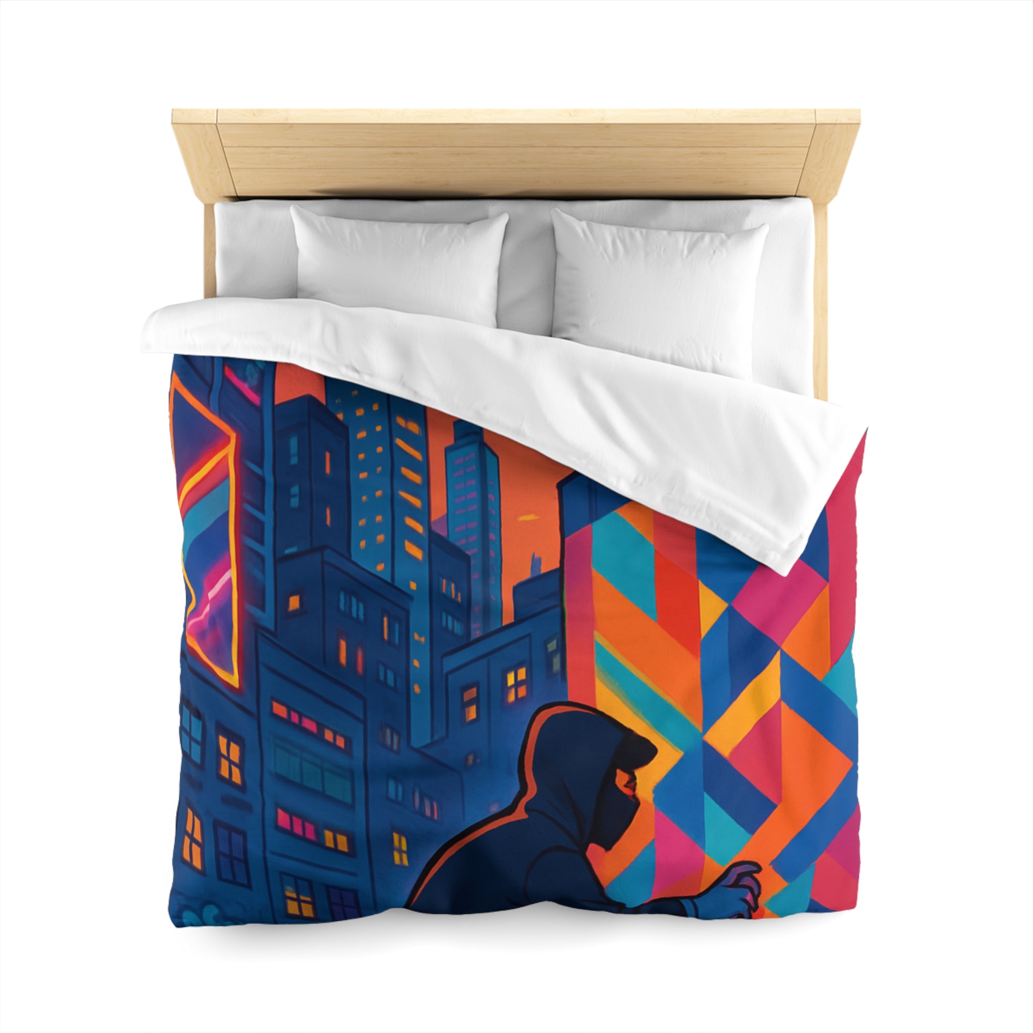 Housse de couette urbaine multicolore graffiti avec gratte-ciel et ciel crépusculaire
