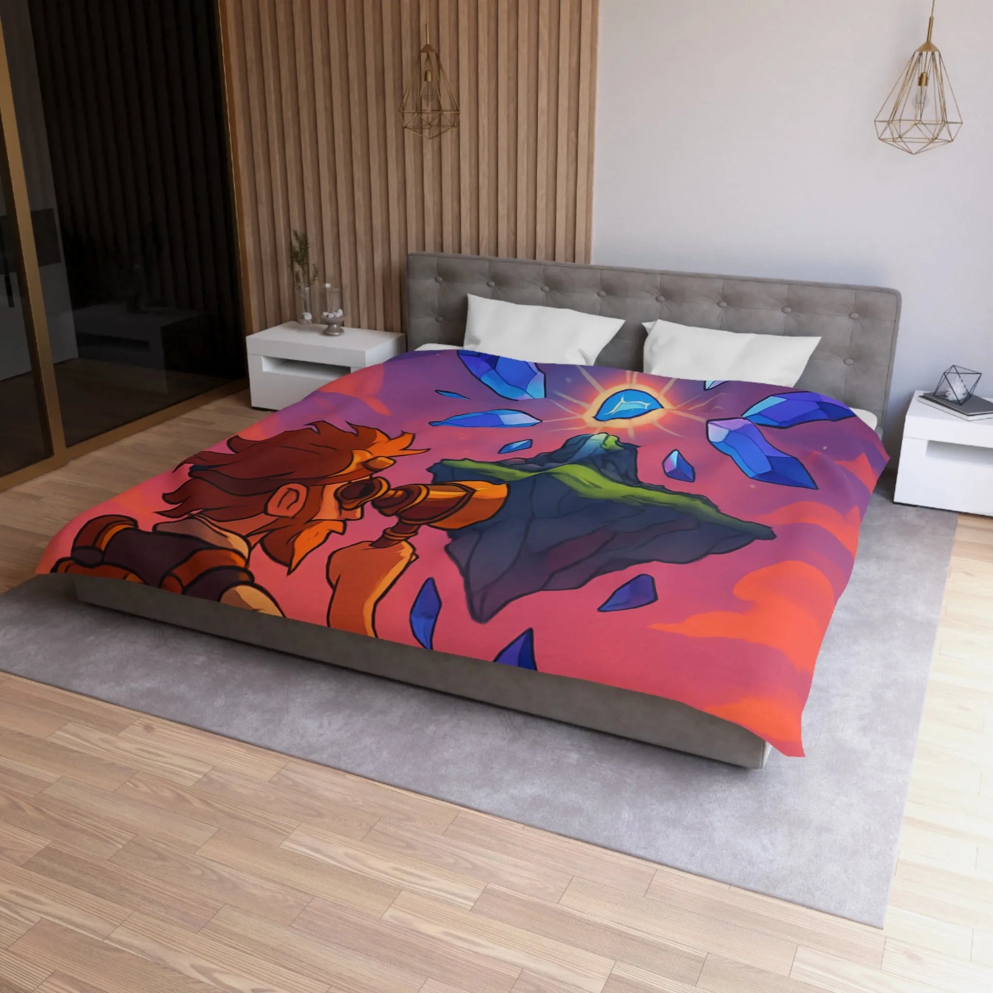 Housse de couette aventure fantastique avec cristaux flottants et scientifique explorateur