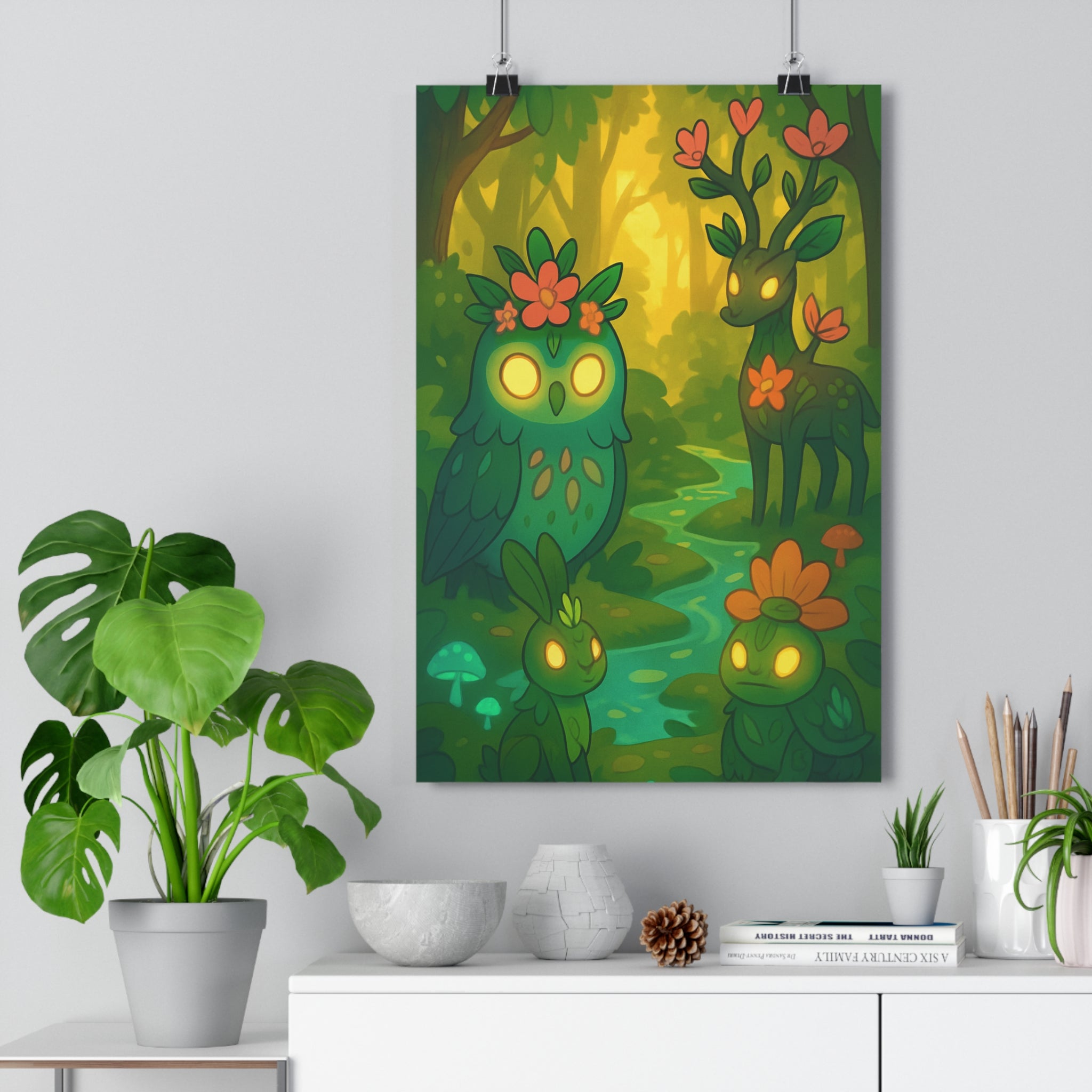 Poster décoratif cartoon vert jaune magique chambre enfant apaisante forêt animaux fleurs 30x46 cm